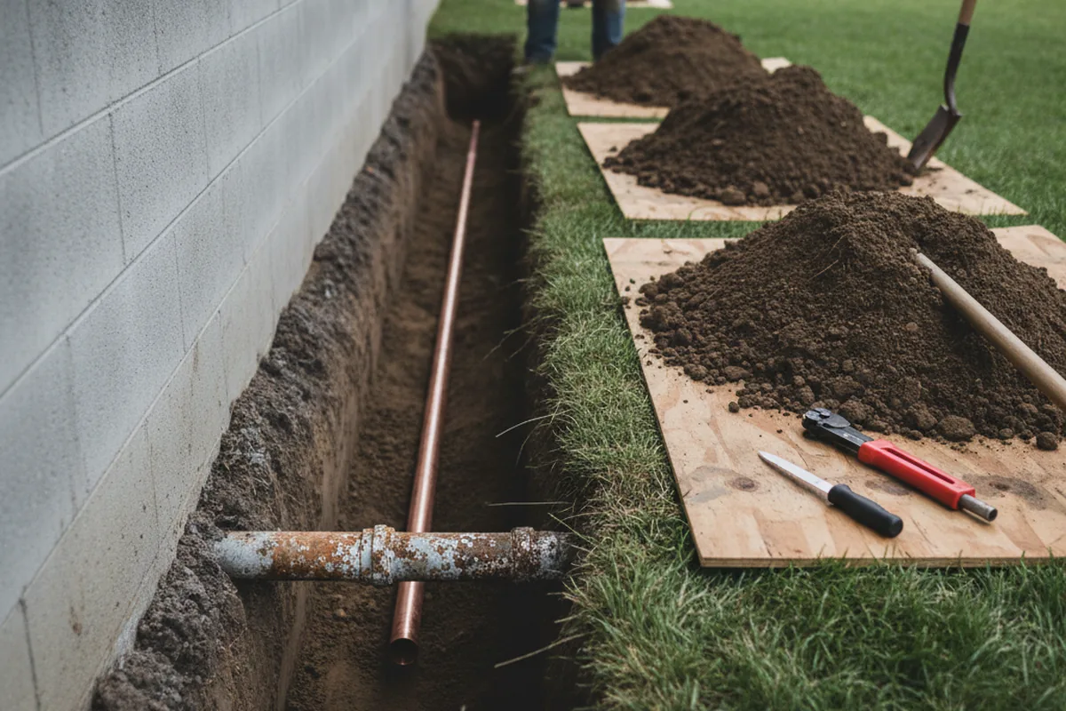 Excavated water line trench during Water Softener Installation in Paskenta